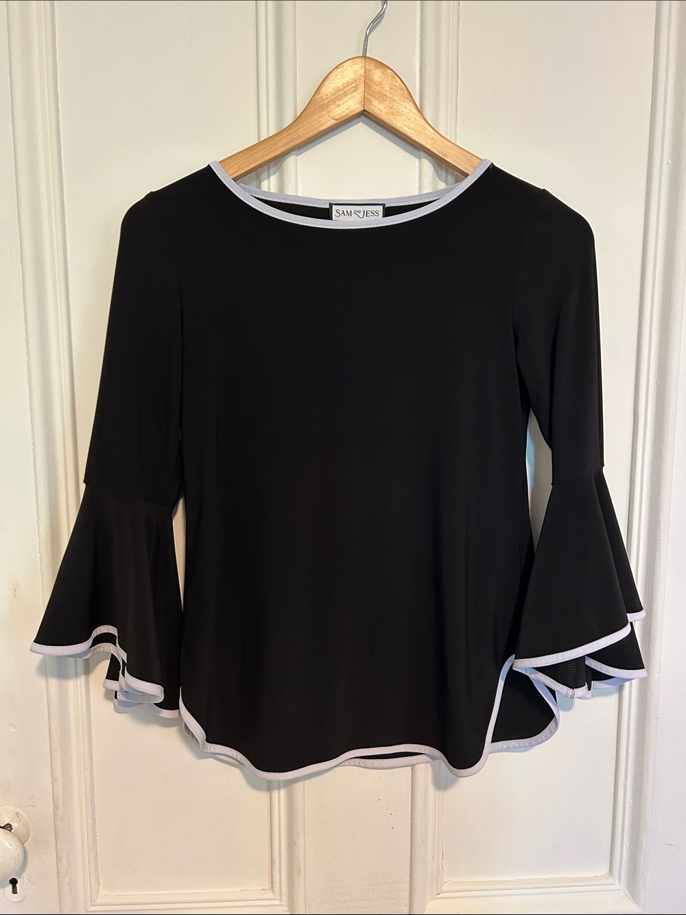 Sam & Jess Black Long-Sleeve Top with White Trim and Flared Sleeves